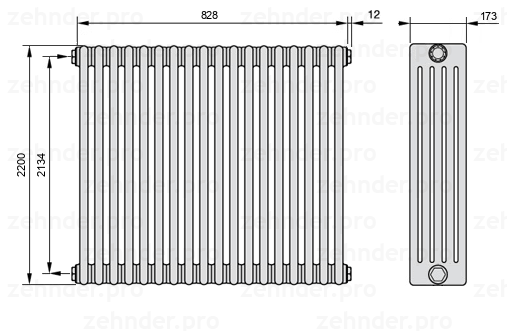Схема (чертеж) Радиатор Zehnder Charleston 5220/18 №1270 Белый глянцевый RAL 9016
